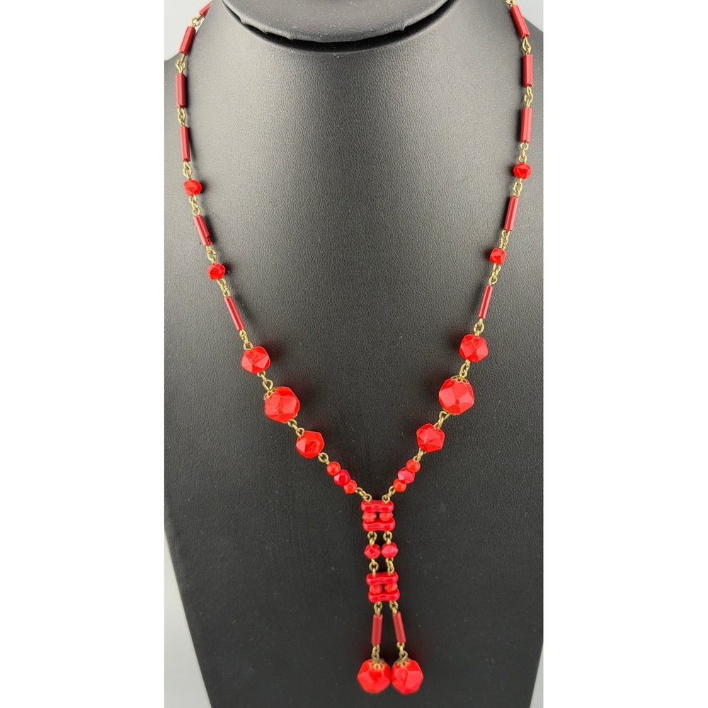 Vintage Czech Necklace Glass Art Deco Faceted Orange Red Beads Double Drop 16"+